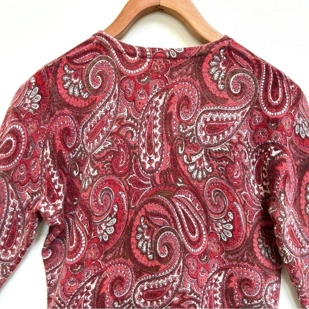 Tweeds Lambs Wool Angora Blend Red Pink Paisley 3/4 Sleeve Cardigan Size Small P
